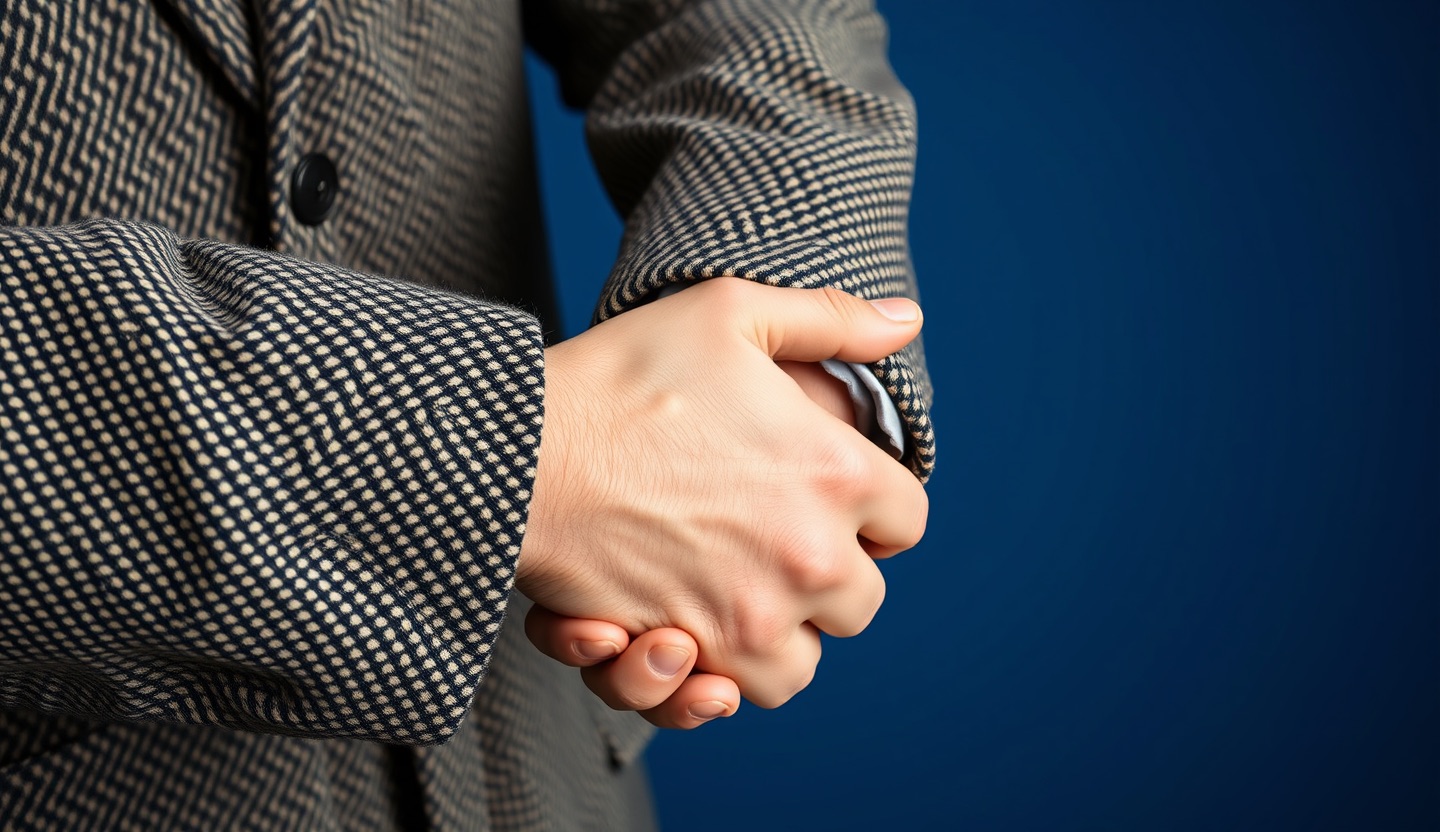 Close-up of two elbows in tweed jackets touching, like a handshake, on a deep blue background
